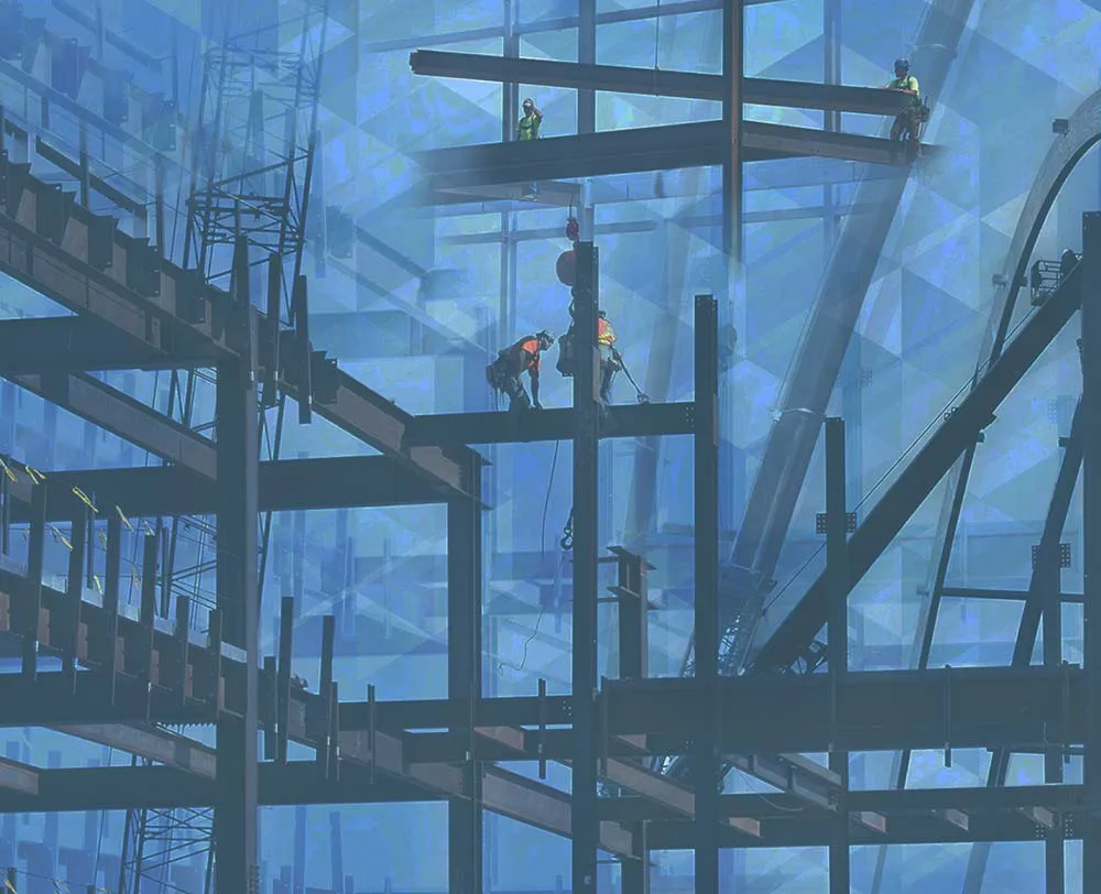 blue construction logo with workers on metal beam structures