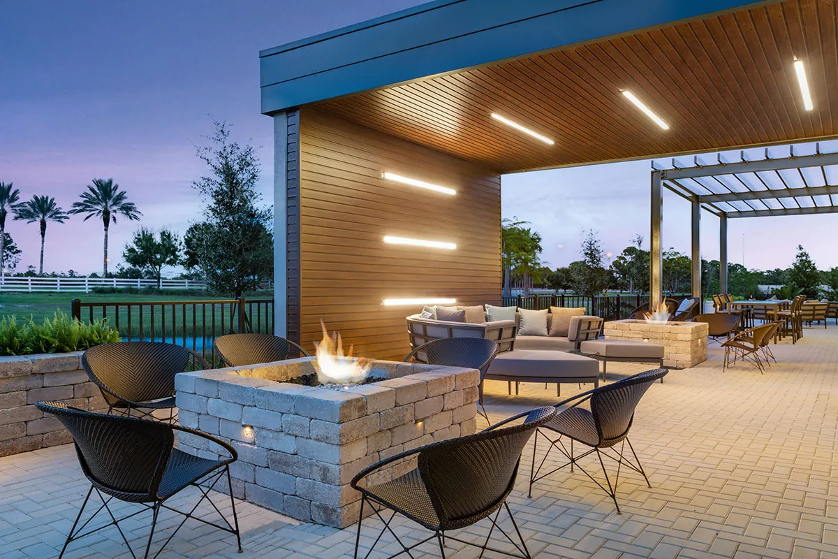 patio with firepits with chairs