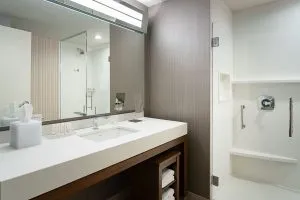 hotel bathroom with sink and shower