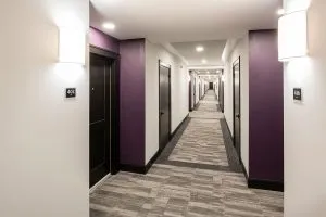 long hallway with doors leading to individual apartments
