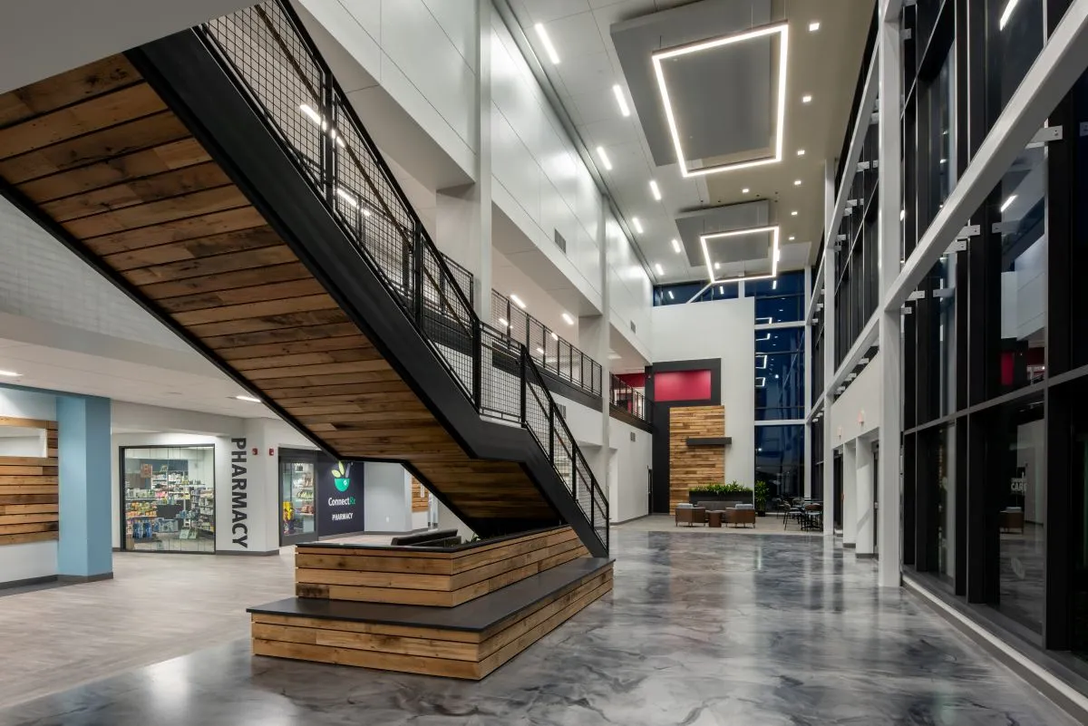 medical office building lobby interior with high ceiling